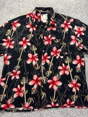 Vintage Men's Banana Cabana 2XL 100% Silk Camp Black Hawaiian Floral Button Up